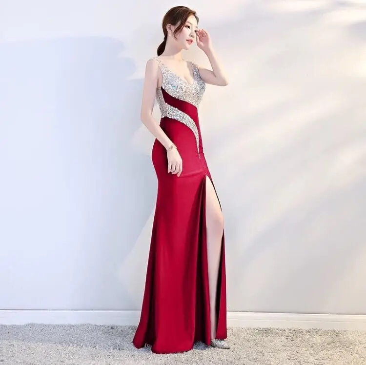 لقطة حقيقية الأزياء الراقية مأدبة حزب اللباس 2019 جديد أنيقة ضئيلة مثير الأشرطة العميق فستان بفتحة عنق على شكل v