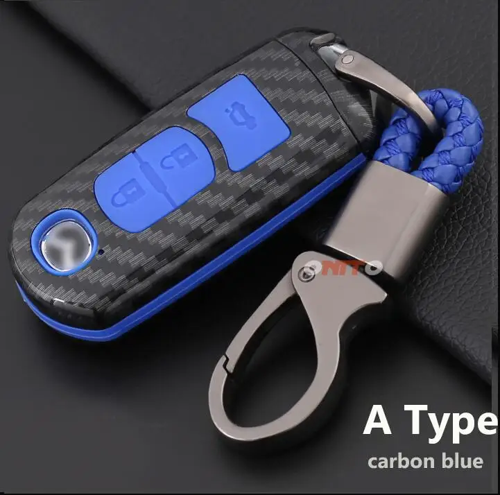 3 кнопки Авто клавиатура 1 комплект карбоновый Автомобильный ключ чехол для ключей от автомобиля оболочка брелок для ключей для Mazda CX 5 7 9 RX MPV MX - Название цвета: Carbon  Blue A