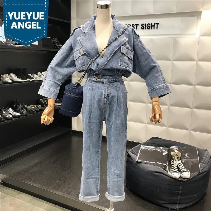 

2019 Autumn Vintage Women's Long Sleeve Washed Denim Jumpsuit Rompers Female Loose Boyfriend Style Jeans Pants Casual Overalls