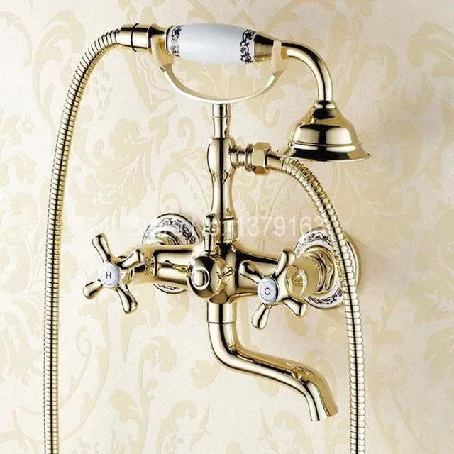 wall mount clawfoot tub faucet handheld shower rubbed bronze luxury gold color brass two cross handles base clawfoot bathroom wall mounted handheld shower bath tub wall mount clawfoot tub faucet handheld shower rubbed bronze luxury gold color brass two cross handles base clawfoot bathroom wall mounted handheld shower bath tub