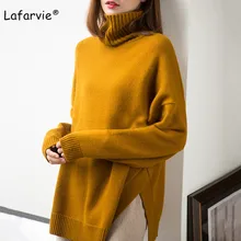 Lafarvie Turtleneck Knitted Cashmere Sweater Women Autumn Winter Warm Pullover Female Long Split Sweater Soft Loose Comfortable
