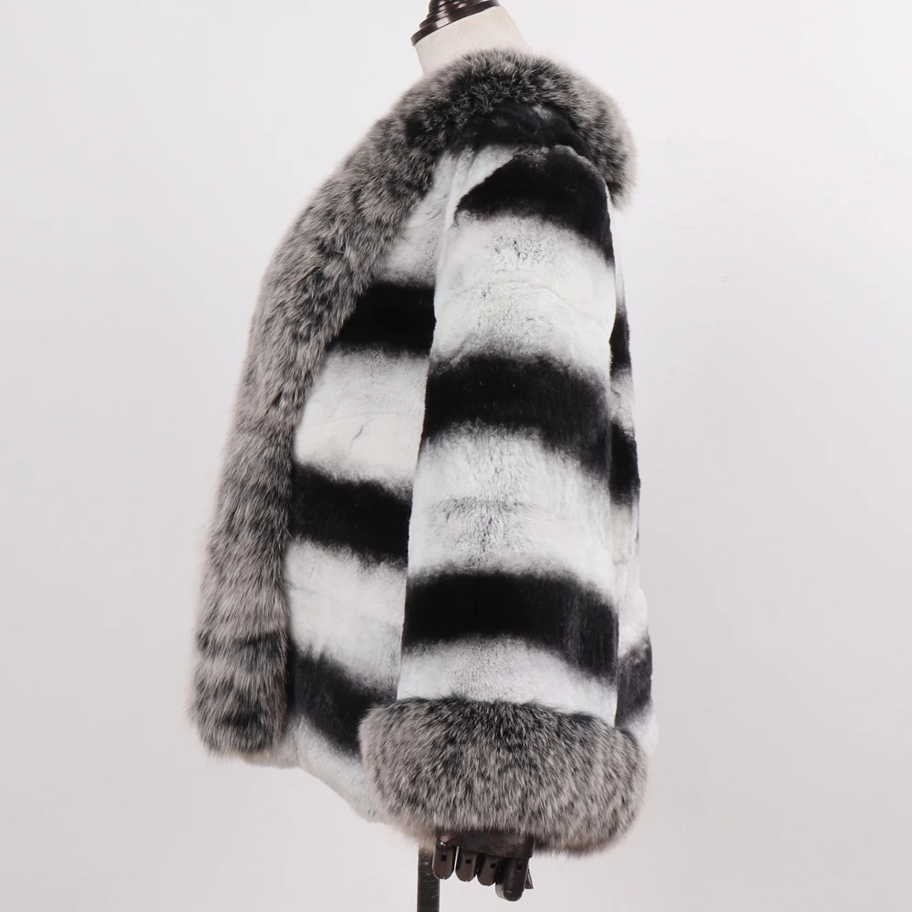 2019 الشتاء المرأة نوعية جيدة ريال ريكس الأرنب الفراء معطف مع فوكس الفراء طوق الطبيعية الدافئة سيدة 100% فراء أرنب ريكس حقيقي سترة