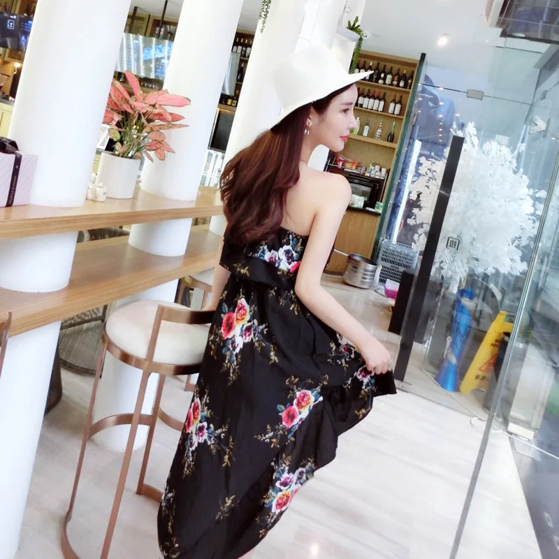 2018 New Summer Women's  Sexy  Printing  Ruffles Tops  Irregular Paty Dress Free Shipping