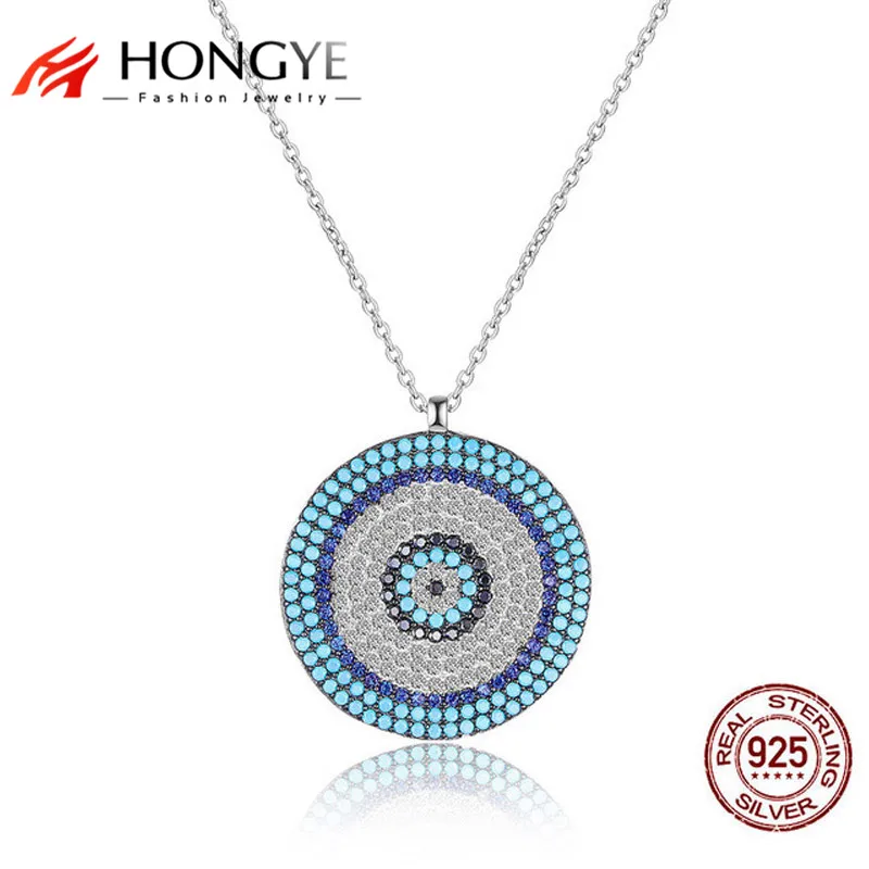 

HONGYE Women Colorful Blue Zircon Round Eye Statement Necklaces Pendants 925 Sterling Silver Mirco Paved Beads Jewelry Charms
