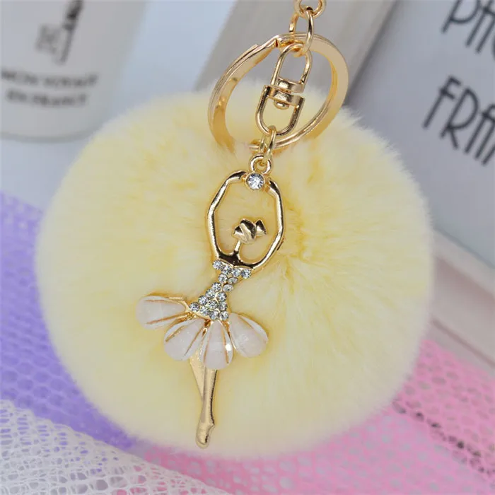 Fashion Crystal Ballet Dancing Fairy Faux Rex Rabbit Fur Ball Pom Pom Gold Key Chains Woman Bag Charms Keyring Car Ring Trinket (13)