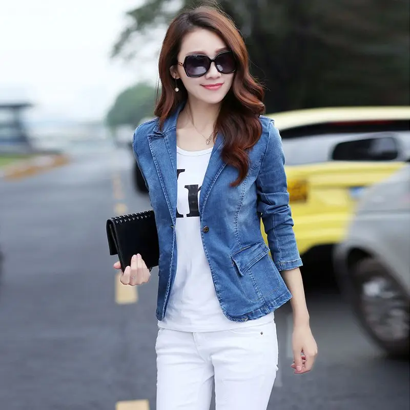 

One Button Blue Denim Blazers 2017 spring and autumn Femme Fashion Slim Short jeans Jacket denim outerwear For Womens G033102