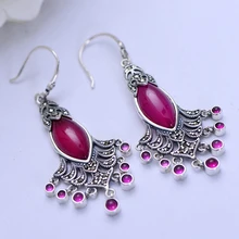 MetJakt Natural Red Corundum Earrings Insert Zircon Solid 925 Sterling Silver Earring for Women’s Wedding Party Luxury Jewelry