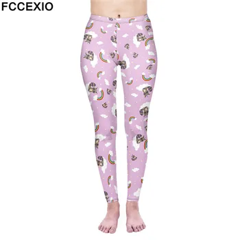 

FCCEXIO 2019 New Funny Women Home Leggings Rainbow Cat Print Legging Slim Fitness Leggings Workout 3D Pants Fashion Trousers