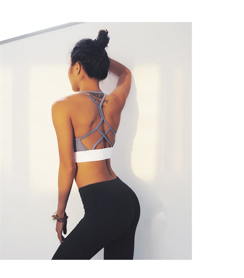 Beste Oyoo dubbele lijn push up sport beha leuke grijs strappy bralette sexy draadloze ondergoed vrouwen gym crop top padded bras voor yoga