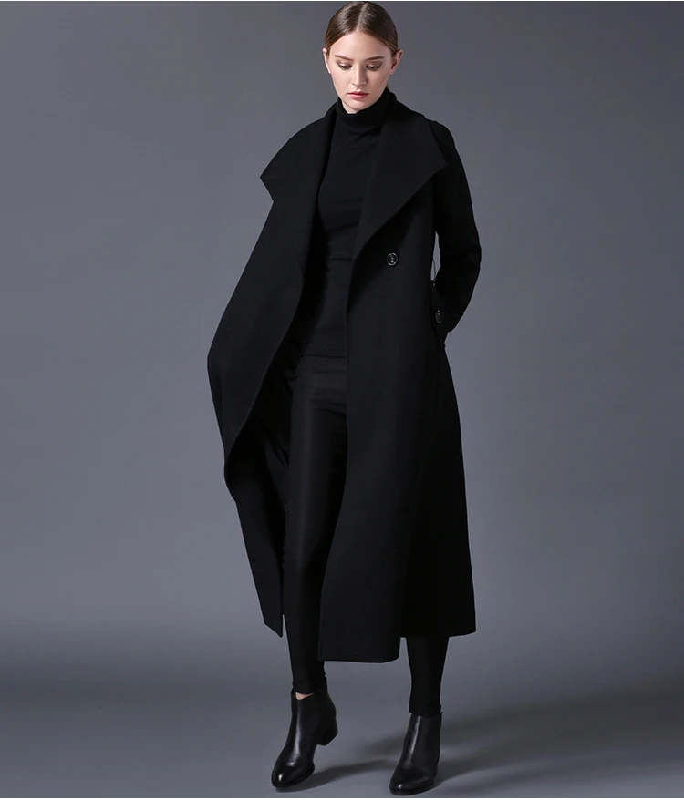 

2018 autumn and winter new women's long section wool jacket solid color belt Slim style temperament woolen coat