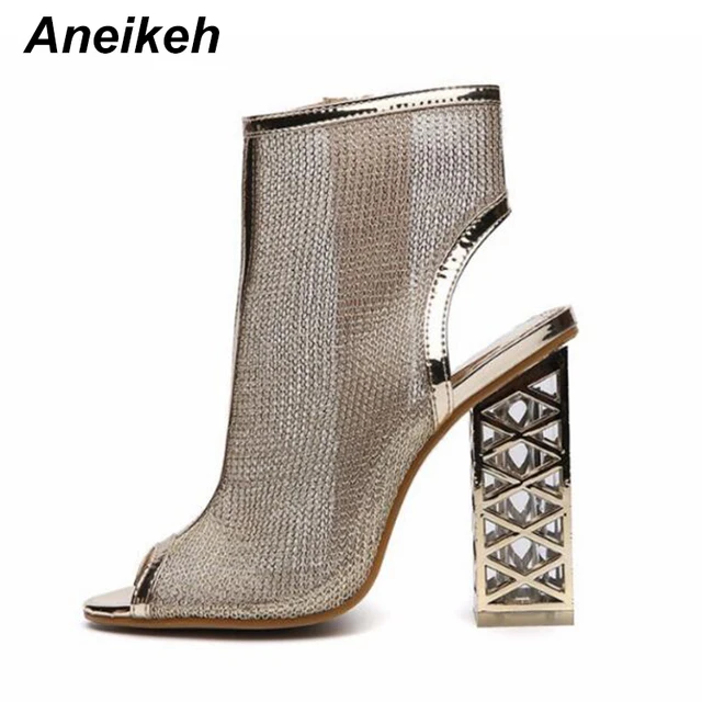 Aneikeh Summer New Sexy Gladiator Sandals Peep Toe Zip Shoes Golden Bling Crystal With Hollow Out Heel Pumps Sandals Women Boots
