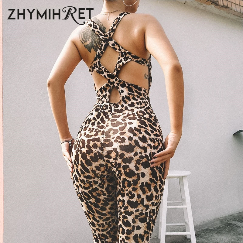 

ZHYMIHRET Sexy Deep V Neck Leopard bodycon Jumpsuits For Women 2018 Rompers Autumn Overalls Back Cross Macacao Feminino