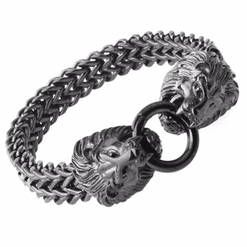 

Men's Cuff Bracelet Jewelry 12mm Wide LiPunk Men's Classic Black Color Stainless Steel Figaro Rolo Chain Lion Head Clasp 8.66"