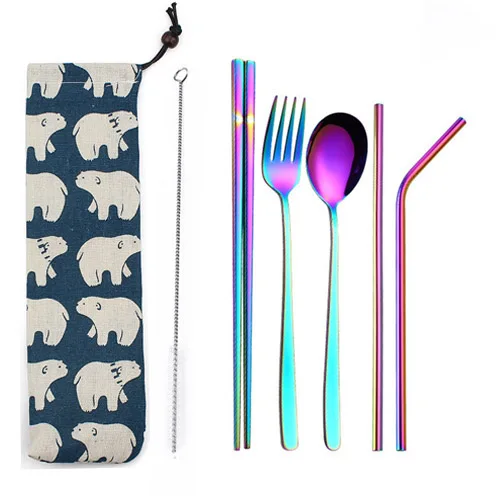 

6PCS/Lot Portable Stainless Steel Dinnerware Set Spoon Fork Straw With Carry Pouch Bag Cloth Pack Kit Cutlery For Travel Picnic