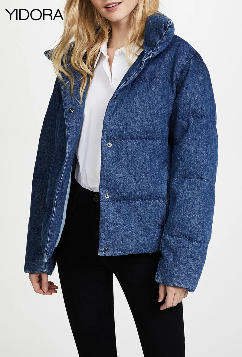 

High-end Women Blue Denim Quilted Puffer Jacket - New Fall/Winter 2018 Ladies Soft Warmer Stylish Stand Collar Short Down Coat