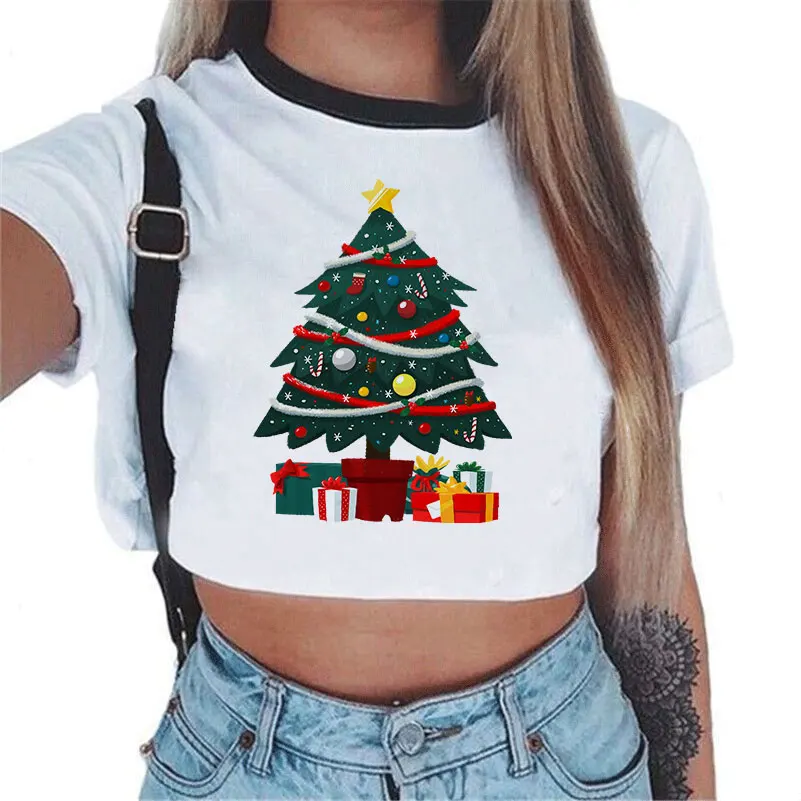 Женская футболка, Рождественский северный олень, Санта-Клаус, короткий топ с принтом, футболка на год, модная футболка Harajuku, женская футболка