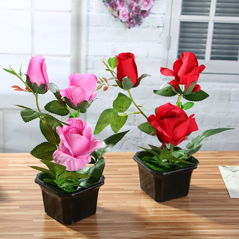 

Real Touch Artificial Rose Bonsai 3 Flower Heads Silk Fake Flowers Potted Plant for Home Garden Balcony Decorations AQ129