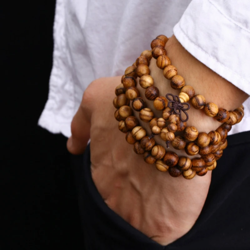 108* 0.8cm Hua Qinan Wood Prayer Beads Natural Wooden Mala Bracelet Buddha  Rosary Necklace Buddhist Jewelry