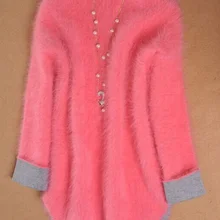 Осенне-зимний Свободный пуловер свитер женский утепленный средней длины водолазка из вельвета с отделкой под куницу верхняя одежда