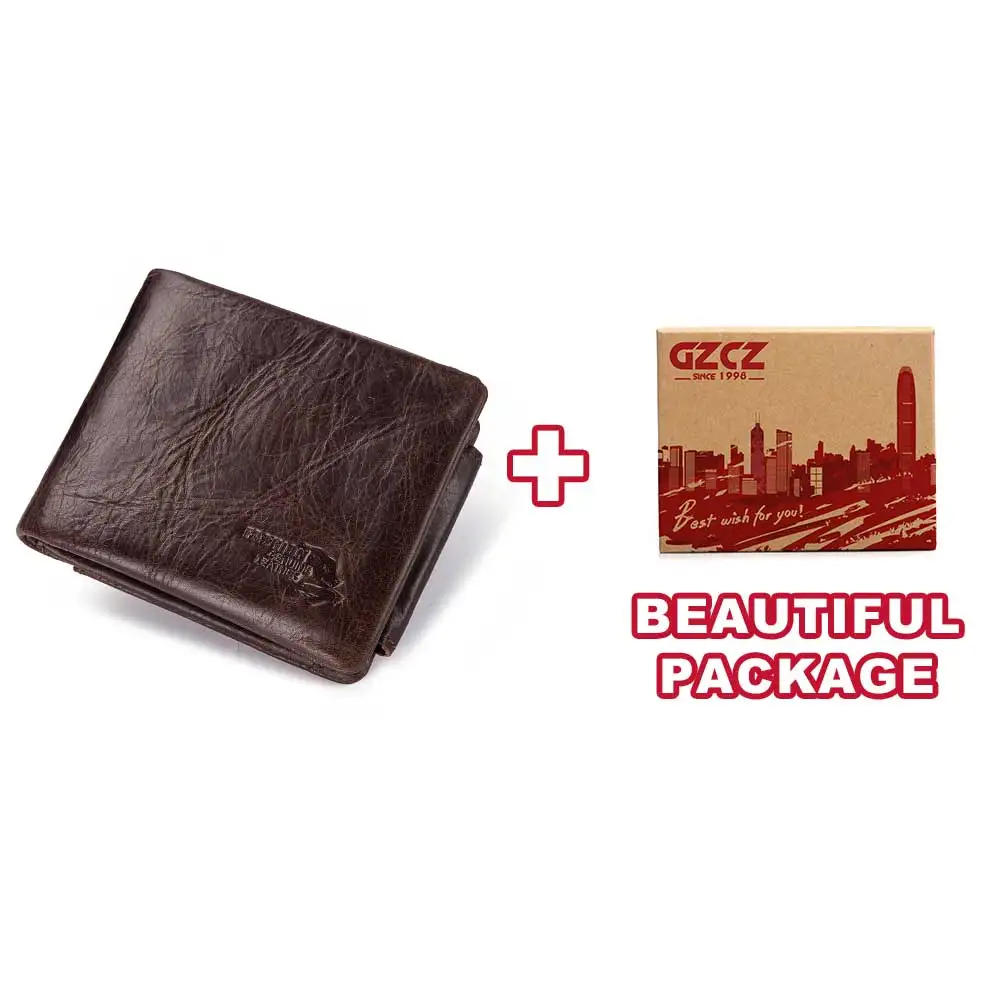 GZCZ мужские кошельки из натуральной кожи, тонкий мужской кошелек, держатель для карт из воловьей кожи, мягкая застежка-молния, короткий зажим для денег, Portomonee - Цвет: Coffee-S-BOX