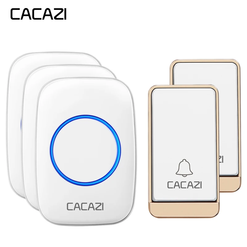 

CACAZI Self-powered Wireless Doorbell Waterproof No battery 2 Button 3 Receiver LED light EU Plug Cordless DoorBell 38 Chimes
