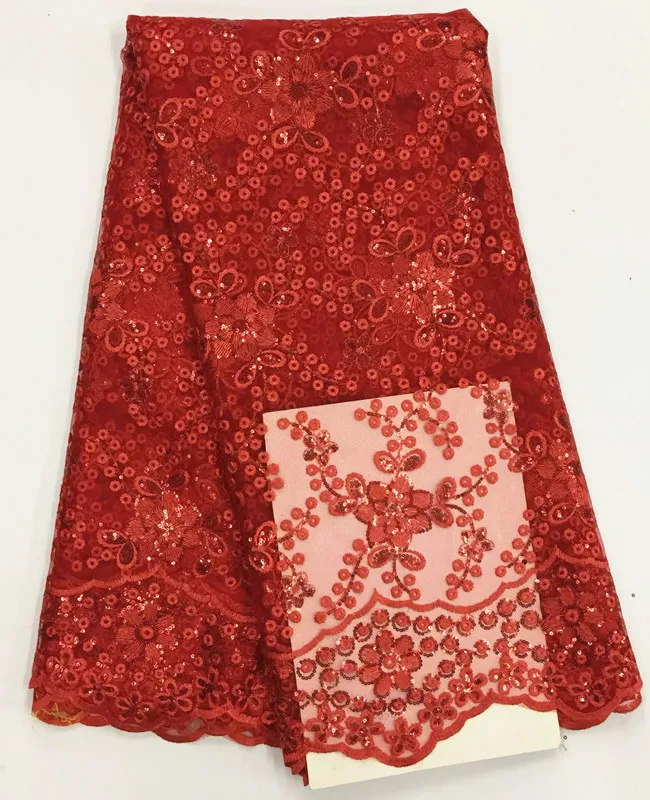 

5 Yards/pc Nice looking red small sequins flower design african mesh lace french net lace fabric for party clothes BN48-2