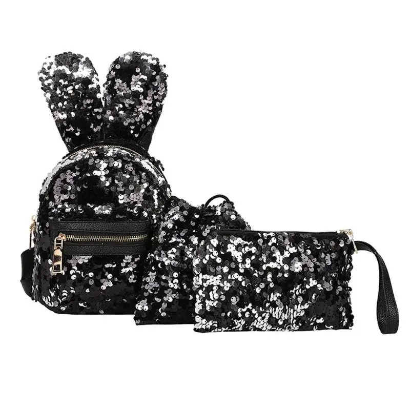 3 шт./компл. Блестящий рюкзак для женщин с заячьими ушками мини-рюкзак для подростков мультяшный кошелек с небольшой сумкой mochilas femininas 2019
