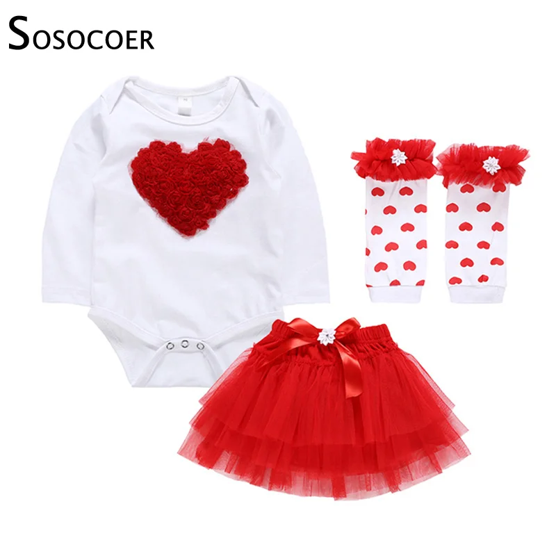 Kopen SOSOCOER Rose Meisje Baby Kleding Set Pasgeboren Baby Meisje Kleding Lange Mouw Hart Romper Rode Rok Baby Kleding New Born 3 pcs