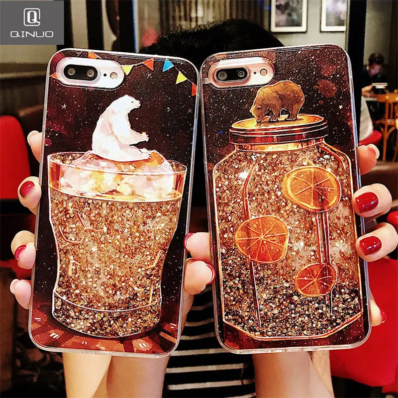 

QINUO Cute Cartoon Phone Case for iphone 8 Glitter liquid Gold Sequins Lemon Brown Bear Coque Cover for iphone 6 s 6s x 7 8plus