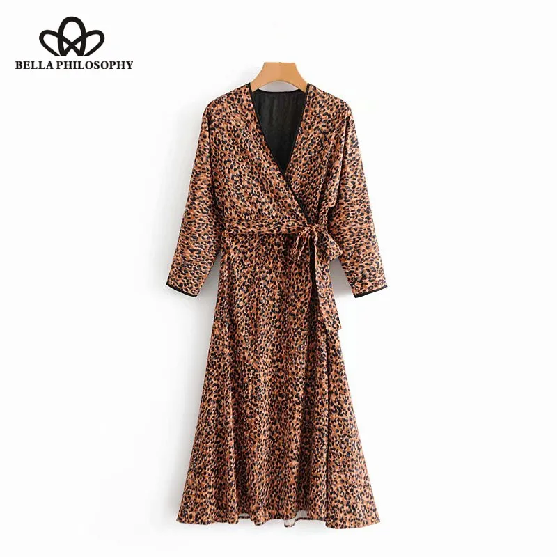 Wonder 2018 new sexy cross v neck leopard print midi dress bow tie sashes long sleeve retro ladies casual chic dresses vestidos