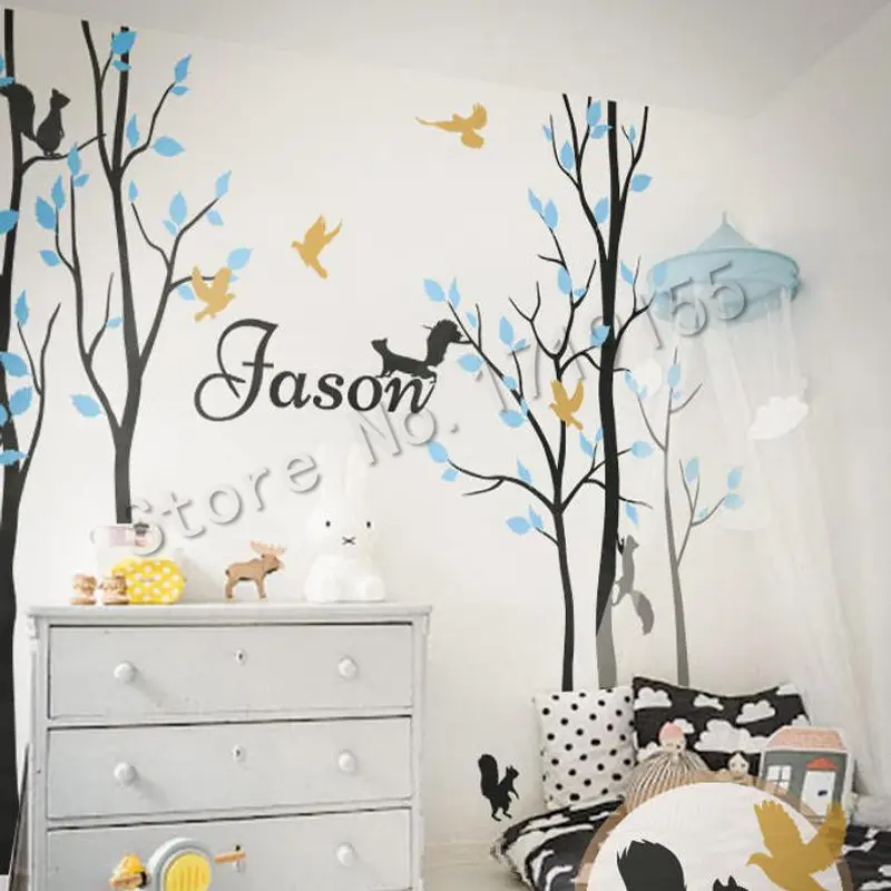 

Custom Name And Squirrels Bird Nursery Tree Wall Sticker Large Tree Wall Decal Set With Tall Trees Kids Bedroom Sweet DecorZW464