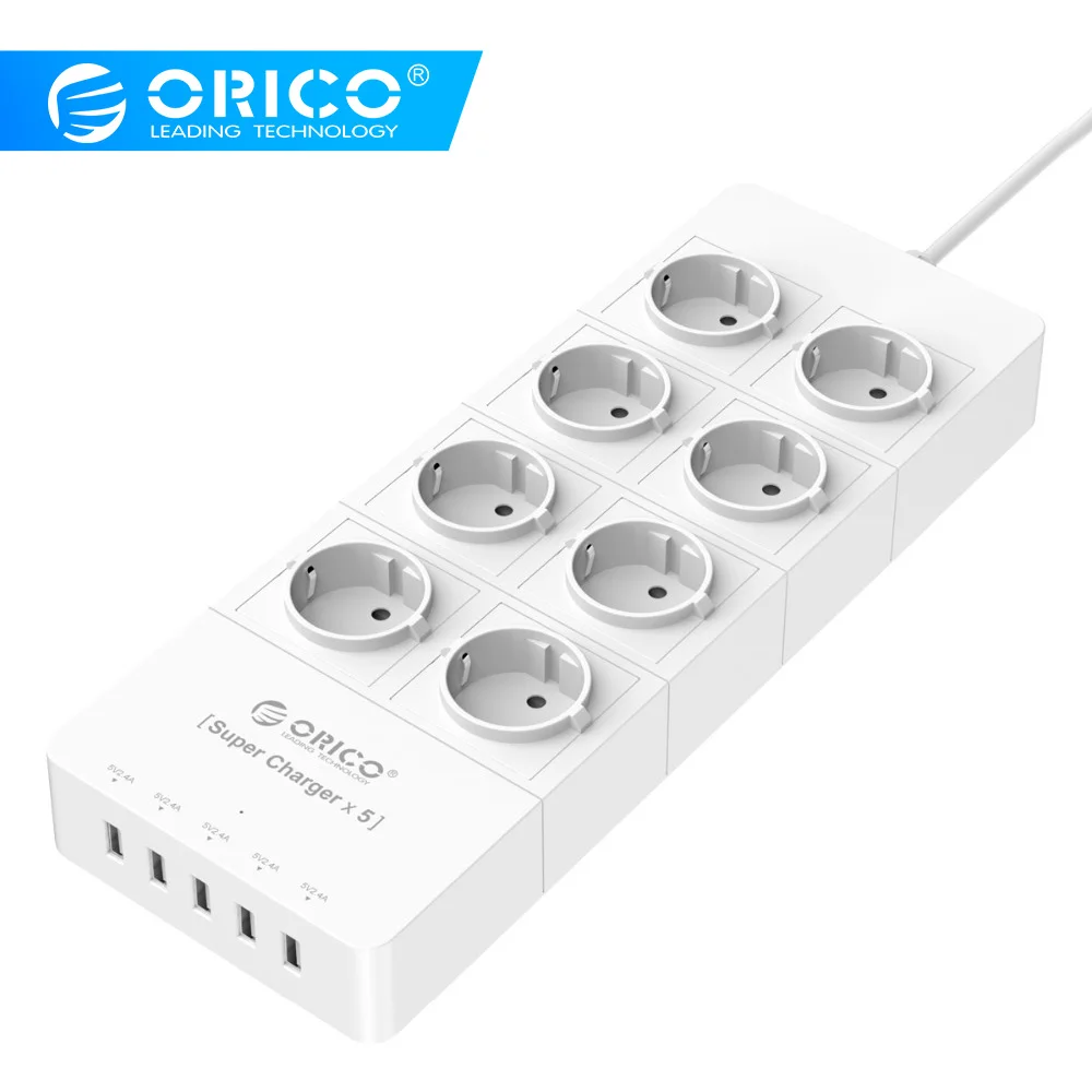 

ORICO HPC-8A5U EU/US/UK Plug Electrical Socket 8 Outlet Surge Protector Power Stirp with 5 x 5V2.4A USB Charger Ports