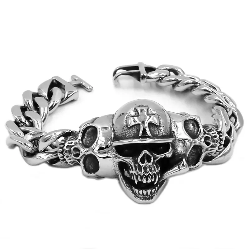 

Hat Cross Skull Bracelet Stainless Steel Titanium Jewelry Large Personality Vintage Skull Motor Biker Mens Boys Bracelet 348B