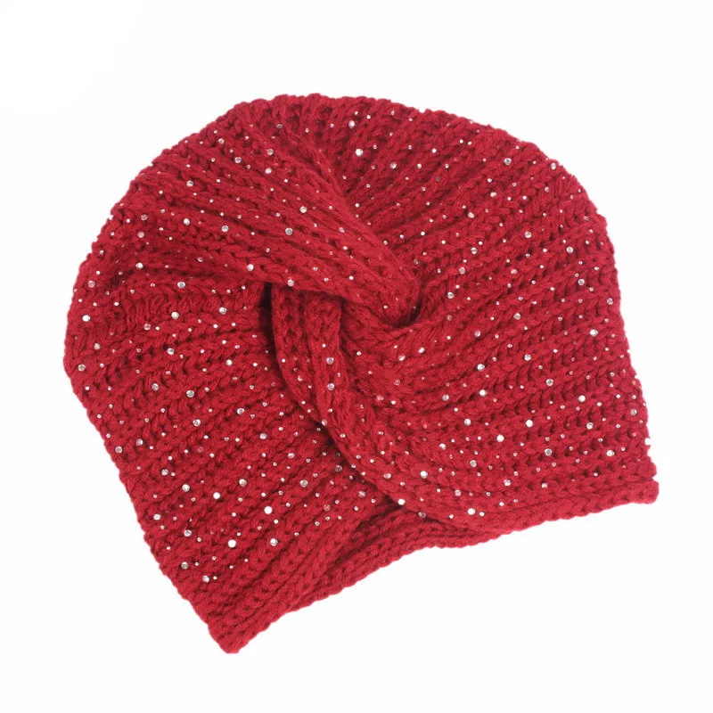 Muslim Full Star Drill Winter Hat Warm Cross Knit Cap Beanie Sleep Chemo Turban Headwear Cancer Patients - Цвет: Red