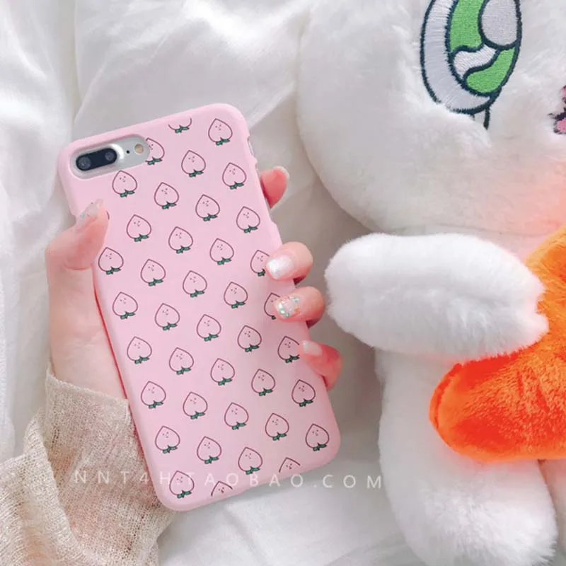 

JiBan Korean Lovely Pink Cartoon Peach Shy Face Candy Color PC Hard Plastic Back Cover For iPhone X 8 6s 7Plus Cell Phone Cases