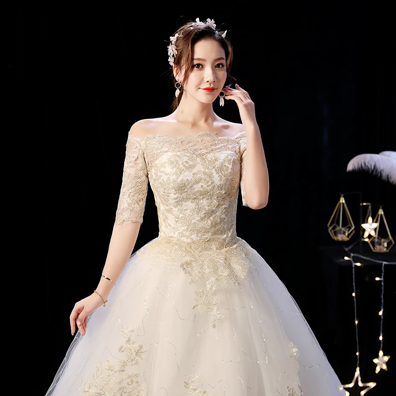Это YiiYa свадебное платье с вырезом лодочкой, Золотое Кружевное Свадебное бальное платье с вышивкой, кружевные свадебные платья с коротким рукавом и шлейфом XXN235