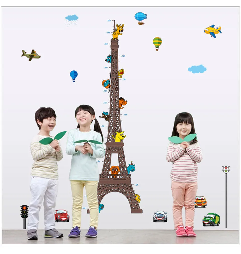 Парижская башня, наклейки на стену для детской комнаты, Мультяшные животные, автомобили, детская шкала измерения роста, Виниловая наклейка для спальни, детского сада, фрески