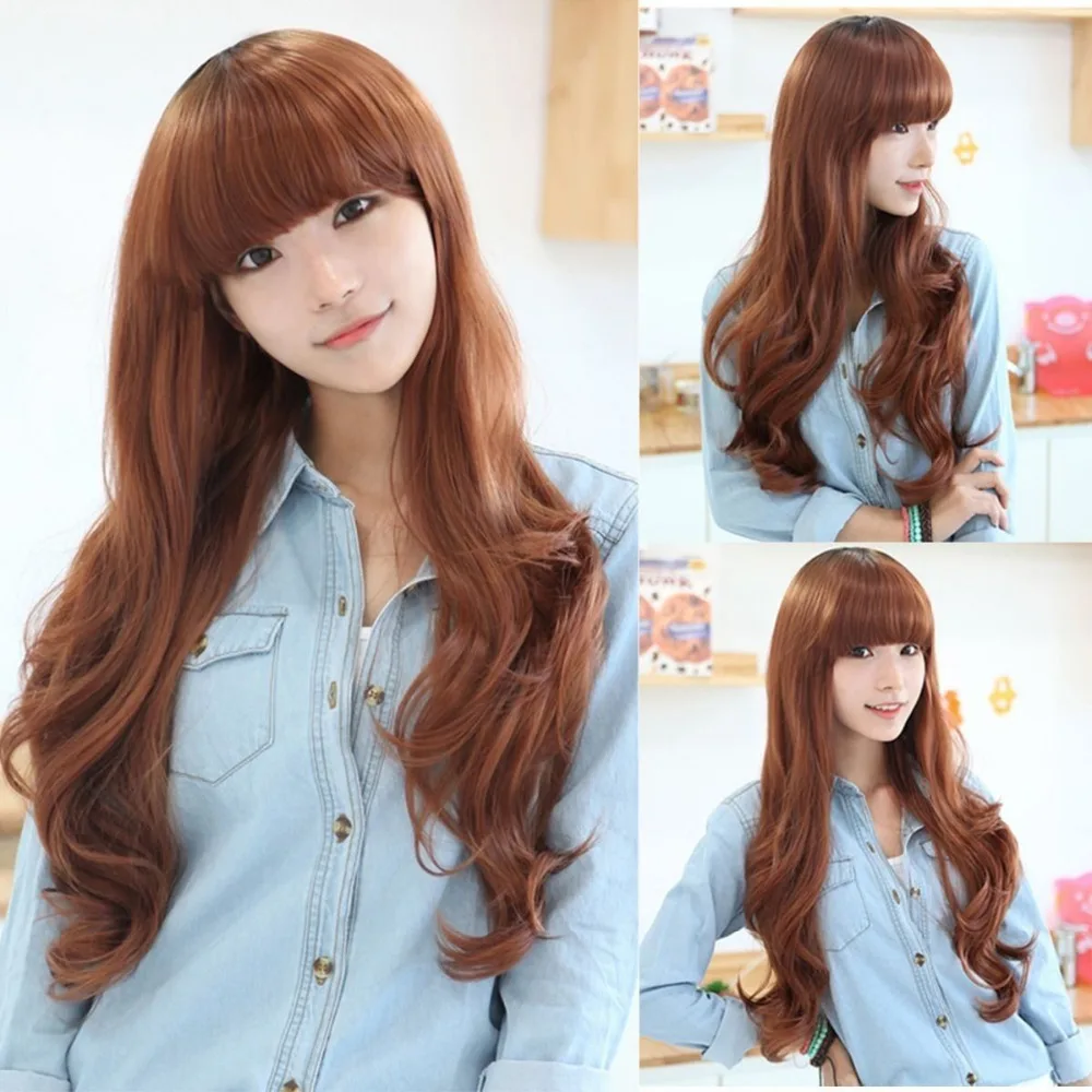 Korean Brown Long Wig Wavy Hair Cosplay Party Fashion Girl Lady