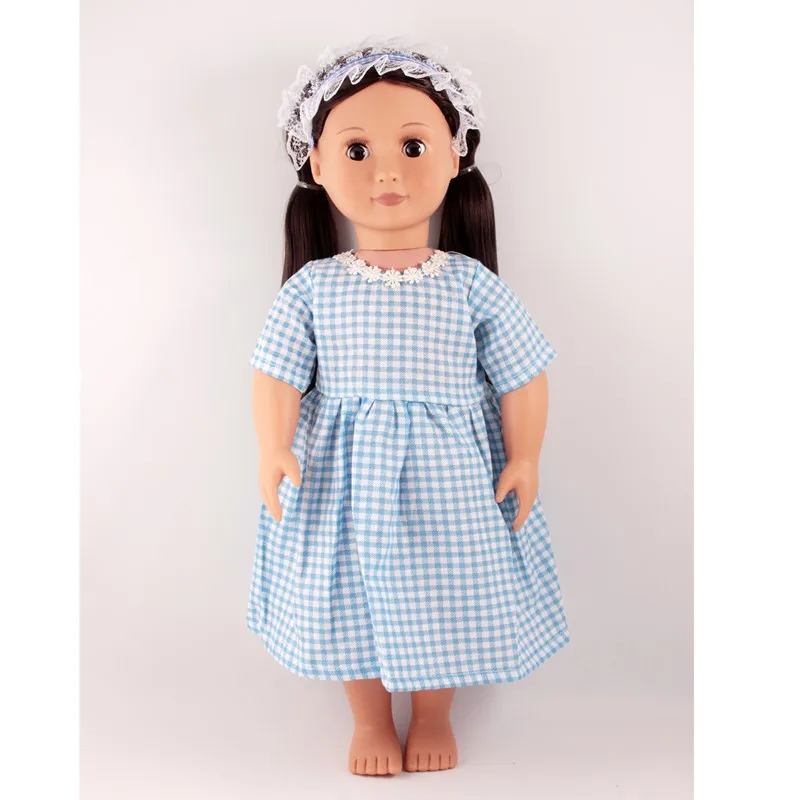 

18inch United States Girl Doll Dress 2 Colors Blue Or Red Grid Dress With Lace Headbands Dress Clothes Fit 18inch American Dolls