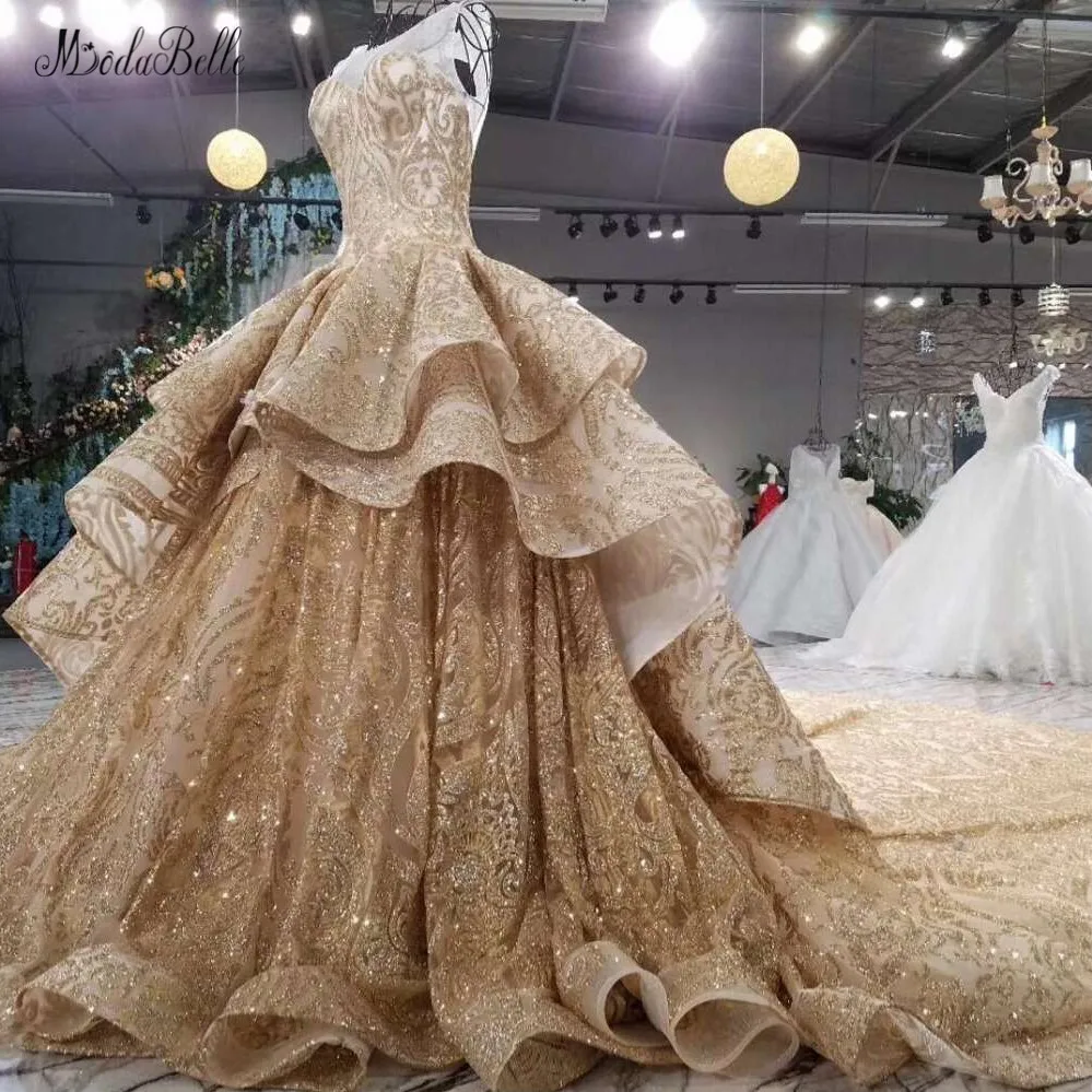 modabelle Elegant Gold Evening Dresses With Sequins Ball Gown Arabic Luxurious Evening Gowns 2018 font b