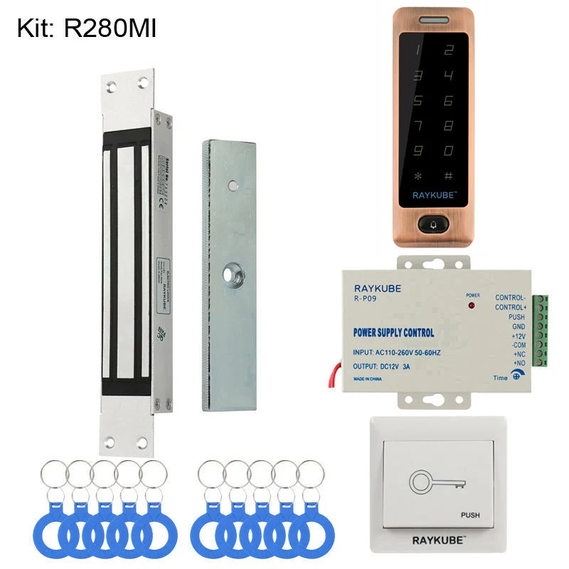 RAYKUBE DIY система контроля доступа набор с RFID сенсорной клавиатурой+ Электронные дверные замки+ кнопка выхода+ блок питания+ RFID ключи - Цвет: 280MI