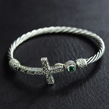 

s925 silver retro cross Green Crystal Silver Bracelet Baroque wind women's opening Bracelet hand jewelry