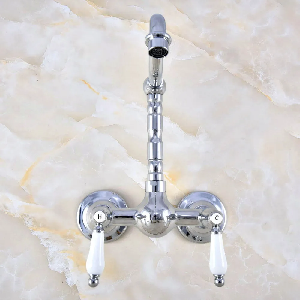 Polished Chrome Brass Wall Mount Kitchen Sink Faucet Swivel Spout Mixer Tap Dual Ceramics Handles Levers anf575