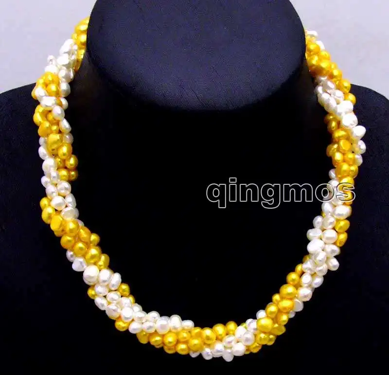 

SALE 2 strands single White & One Yellow 6mm Baroque pearl 40" necklaces combination 18" set necklace-6102 Free ship
