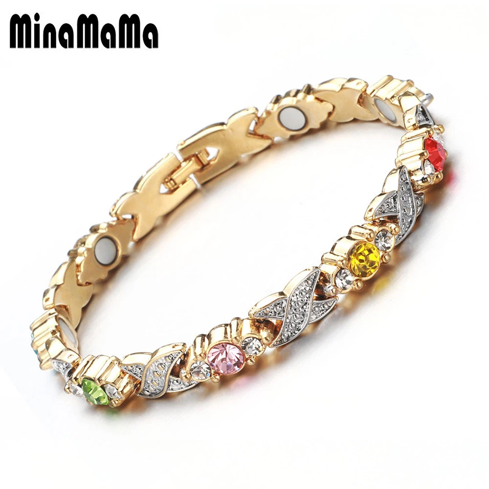 

New Design Gold Color White Pink Colorful Crystal Magnetic Bracelets For Women Health Link Chain Bracelets Jewelry Gift