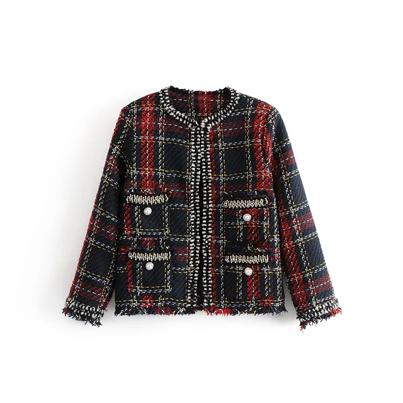 2018 Black Dames Veste Red Perles Pardessus Marque Femmes Hiver Automne Longues Tweed Manches Noir Mujer Manteau Rouge rR0rZtwx