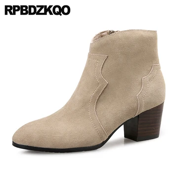 

genuine leather big size fashion side zip boots booties fur ankle 10 shoes 12 44 chunky round toe 2018 high heel women suede