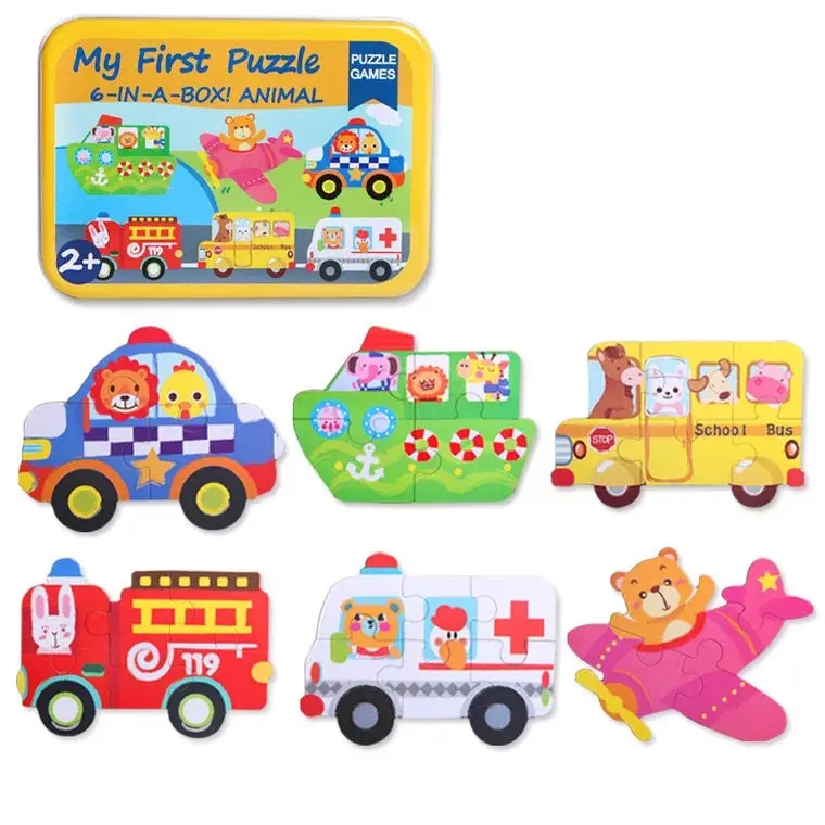 Новые детские игрушки 6 в 1 Набор головоломок железная коробка всего 6 деревянные игрушки-паззлы мультфильм животное/автомобиль деревянные игрушки Детский развивающий подарок - Цвет: 6 In 1 Vehicle 01