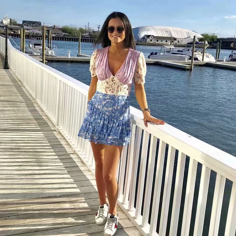 Boho loveshack summer dresses v neck ruffles slim silk-like holiday ins bloggers patchwork special interest mini dress pleated