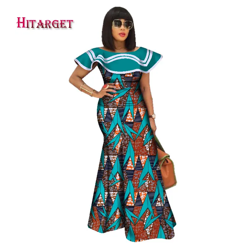 Базен Riche Африканский принт платья для женщин Сращивание рюшами шеи длинные макси платья Дашики размера плюс африканская женская одежда WY2550
